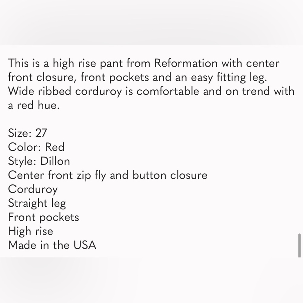 Perfect Reformation Dillon Red Wide Rib Corduroy High Rise Straight Leg Pant 27 - Picture 5 of 9
